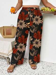 SHEIN Frenchy 大码女装，新款春夏商务休闲女装，沙滩装，情人节时尚，时尚通勤，优雅复古秋叶图案阔腿裤带口袋 - 彩色 - 查看 4