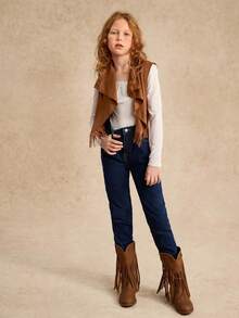 Tween Girl Waterfall Collar Fringe Trim Open Front Coat - Brown - View 4