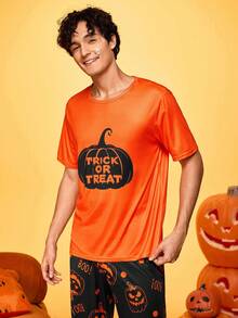万圣节趣味印花南瓜图案休闲家居睡衣上衣男士 T 恤 - 橘色 - 查看 3