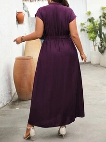 Vionelle 大码女式法式度假沙滩裙，V 领纽扣式落肩袖，腰带，超长款，适合通勤，春夏季 - 紫紅色 - 查看 2