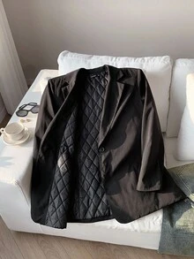 Comfortcana Áo khoác Blazer màu trơn thường ngày cỡ lớn cho nữ, Thu/Đông - màu đen - Xem 6