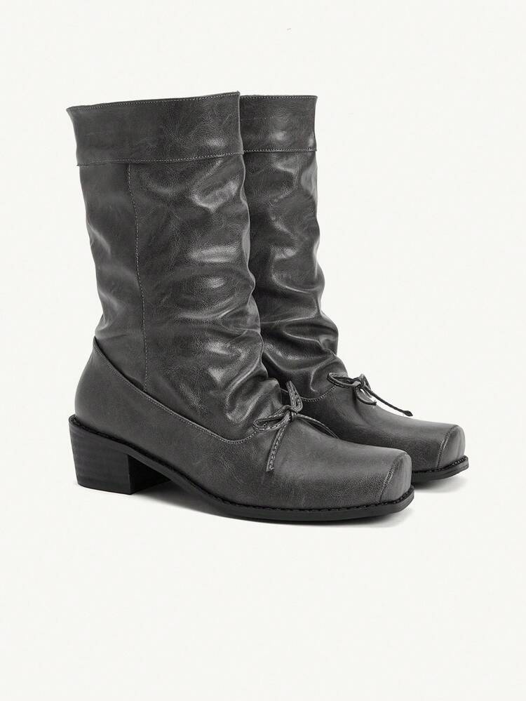 CUCCOO CHICEST Women's Bow Decor Low Heel Riding Mid-Calf Boots, Popular European And American Style