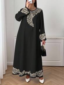 SHEIN Najma 大码女式优雅阿拉伯风格花卉砖纹V领长袖连衣裙，春夏 - 彩色 - 查看 3