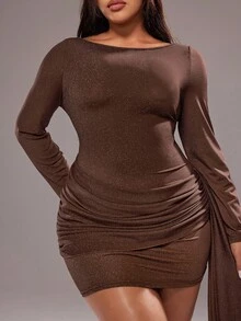 Rustia Plus Size Women's Solid Color Round Neck Long Sleeve Ruched Patchwork Tie Waist Elegant Dress Fall Cloth For Women - Brown - View 5