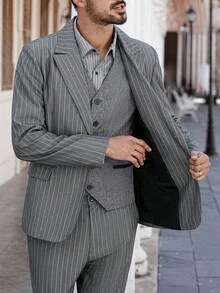 Manfinity Bizformal 2 件套休闲条纹长袖上衣和裤子套装，时尚都市装 - 灰色 - 查看 6
