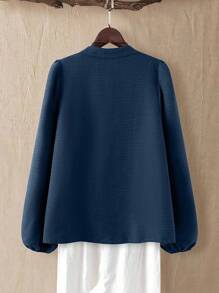 Linhara 大码休闲度假衬衫，纽扣装饰，荷叶边袖，前条纹设计，乡村休闲风，适合日常穿着，秋季女装 - 藍色 - 查看 2