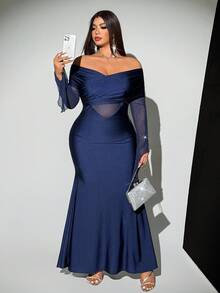 Viva Relle Plus Size Christmas Women's Off Shoulder Fashionable Sheer Flare Sleeve Solid Color Ruffle Dress - Blue - View 4
