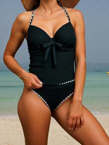 Swim Lushoire 女士对比色饰边比基尼泳装套装，适合度假和海滩穿着 - 黑色 - 查看 3