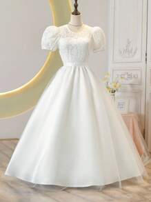 Vestido largo de encaje con tul para boda de chica adolescente - Blanco - Ver 5