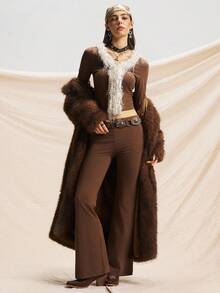 Easelle 两件套西装，刺绣，图案，长袖上衣，衬衫，长裤，水洗棉 - 棕色 - 查看 1