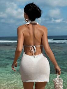 Swim SXY 透明针织露背休闲度假海滩罩衫迷你连衣裙 - 白色 - 查看 2