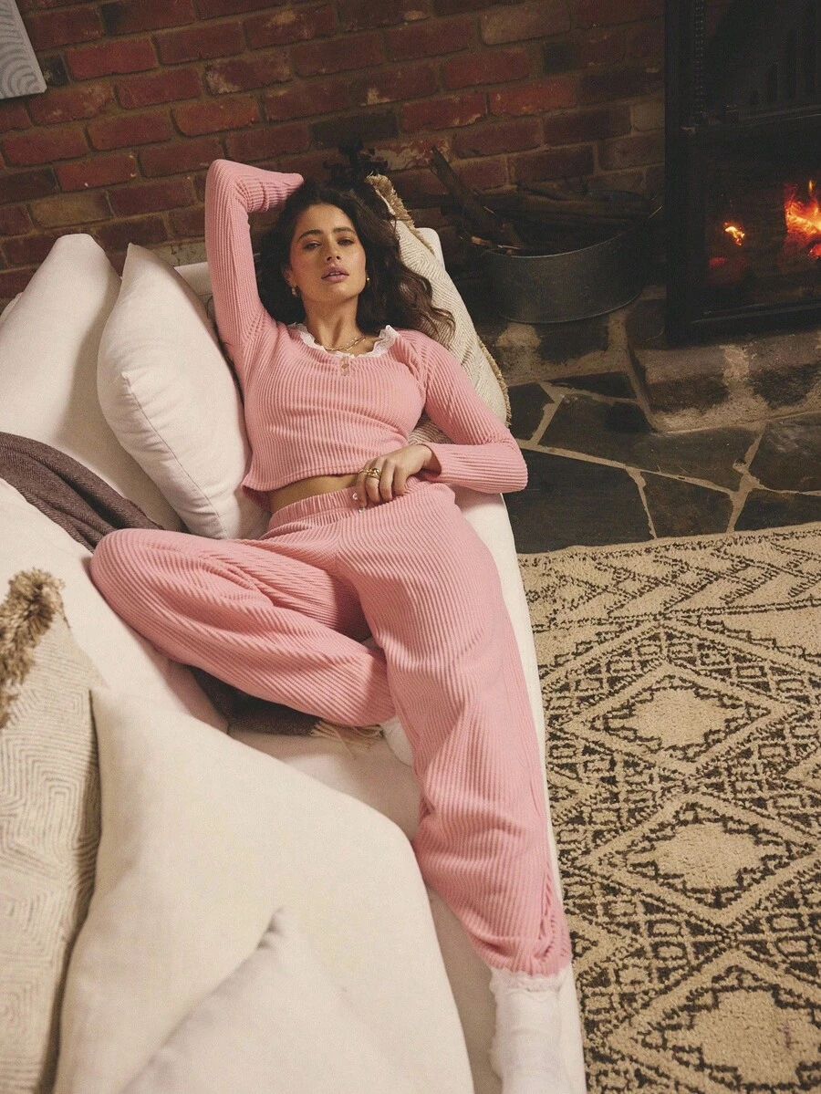 Aralina Sleepwear Fall Winter Cute Cosy Brushed Waffle Button Front Long Sleep Lounge Top With Contrast Lace Trim