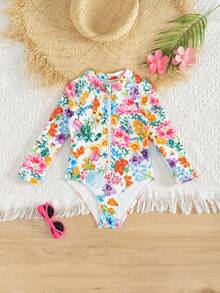 SHEIN Young Girl Ribbed Floral Print Long Sleeve Zipper One Piece Rash Guard Swimsuit, Mommy And Me Matching Outfits (3 Pieces Sold Separately) - Multicolor - View 3