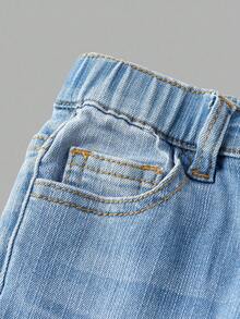 SHEIN 2pcs Young Boy Blue Denim Thermal Lined Jacket With Collar And Elastic Skinny Pants Set, Autumn/Winter Fall