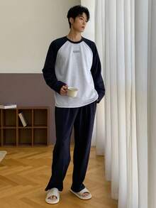 DAZY 男士秋季拼接撞色图案T恤和松紧腰裤家居服套装，秋冬睡衣 - 彩色 - 查看 7