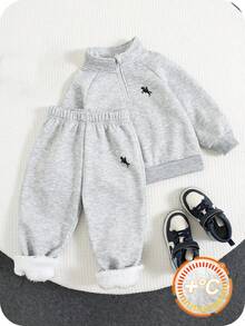 SHEIN 两件套男童休闲舒适多功能印花立领拉链连帽衫和保暖内衬运动裤套装，面料厚实，学院风秋冬装 - 淺灰色 - 查看 3