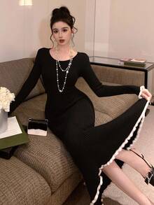 DAZY 女士优雅拼色圆领毛衣裙，秋季舞会礼服 - 黑色 - 查看 5