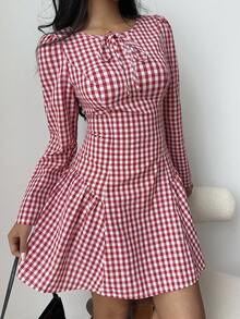 SHEIN EZwear 格纹系带腰部中长连衣裙 - 紅色 - 查看 3