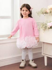 Babyflicka Söt Avslappnad Stickad Patchwork Organza Långärmad Klänning - Rosa - Visa 6