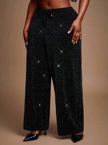 SHEIN SXY Plus Size Women's Elegant Shiny High-Waisted Straight Leg Black Dress Pants, Suitable For Party In Autumn & Winter