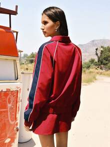 Easelle 酒红色梭织女式五角星印花插肩袖夹克和迷你裙运动套装 - 酒紅色 - 查看 5