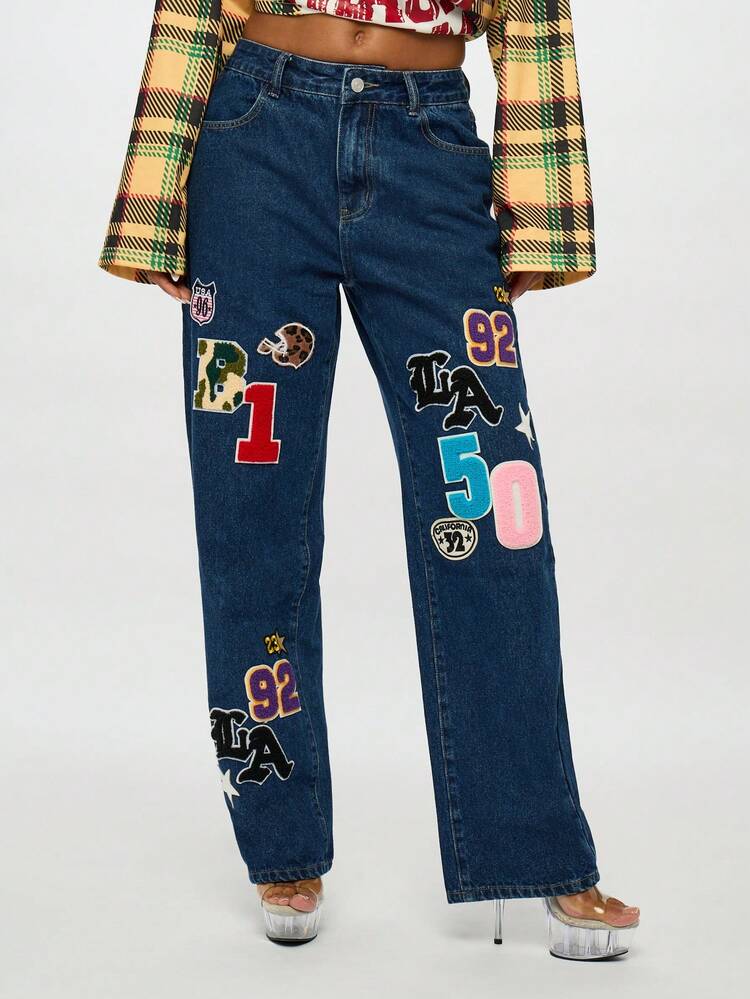 SUMWON WOMEN Wide Leg Denim Jeans With Patch Badges And Letter Details