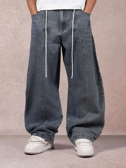SUMWON 阔腿直筒牛仔裤休闲风格抽绳高腰牛仔裤褶皱前部设计秋季时尚弹力腰带都市街头服饰