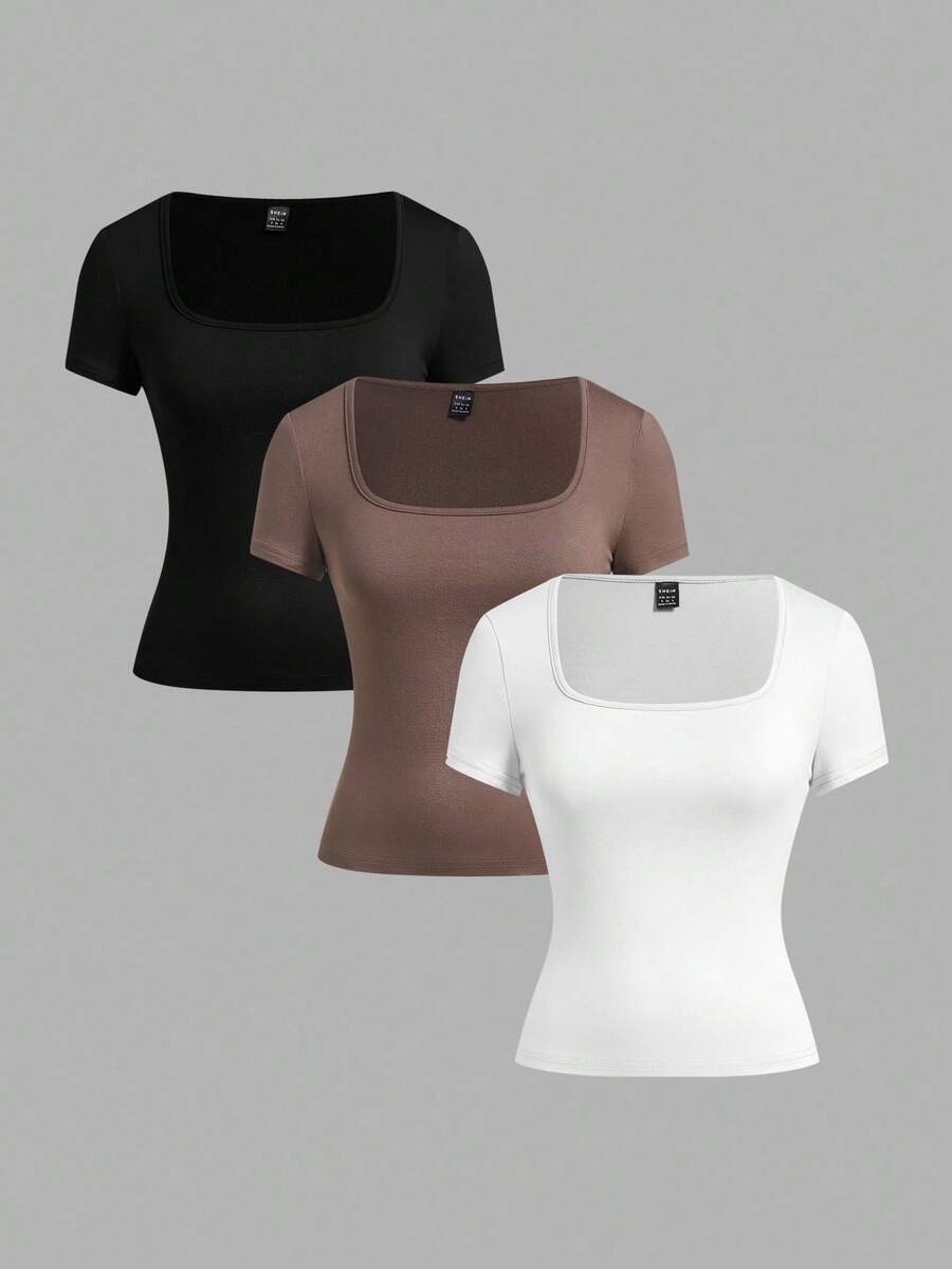SHEIN EZwear 3 件女式黑色、浅棕色、白色短袖短款休闲修身 T 恤,适合夏季 - 彩色 - 查看 1