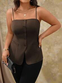 Roveilla 女士优雅法式吊带背心，正面纽扣开合，不对称下摆，适合通勤、下午茶、派对、春夏季 - 棕色 - 查看 5