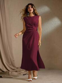 Roveilla 大码女式优雅休闲无袖长裙，带金属装饰，腰部收紧，侧开衩，适合通勤、度假、下午茶、派对婚礼宾客礼服 女式酒红色中长裙 栗色连衣裙 女士连衣裙 女士优雅连衣裙 勃艮第酒红色中长裙 女士连衣裙 优雅中长裙 - 中紫紅色 - 查看 7