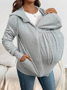 SHEIN 3-In-1 Maternity Hoodie Jacket With Pocket, Solid Color Pregnancy Sweatshirt Outerwear   Zip Up Hoodie   Fall Women Clothes - Grey - View 8