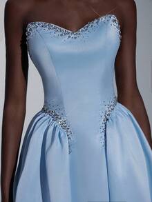 Elitara Elegantes gestricktes Patchwork-Satin-Bustier-Baskenrock mit Taillenbund, luxuriöser 3D-Strass, superweiter A-Linie-Rock mit verstellbarem Rückenbindung, geeignet für Date, Party, Hochzeit, Urlaub, Schulanfang, formelle Gala