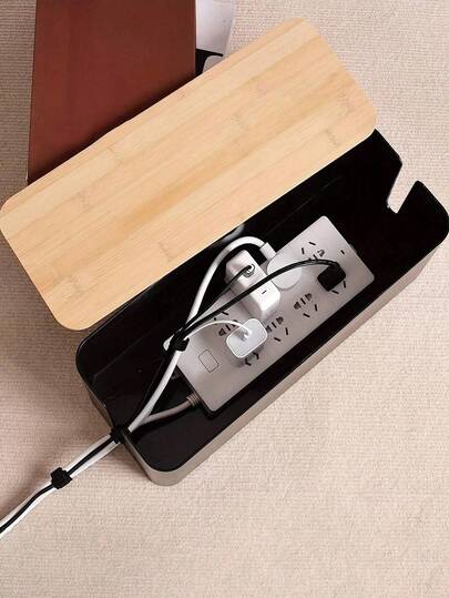SHEIN 1pc Wooden Cover Plastic Data Cable Storage Box, Cable Organizing Box For Hiding Wires, Power Strip Storage Box, Suitable For Bedroom, Bathroom, Desk, Living Room, Office, Study