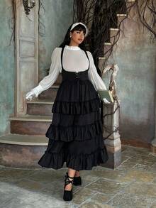 Flirla 大码女式万圣节纯色腰带设计荷叶边下摆休闲连身裤连衣裙 - 黑色 - 查看 3