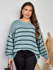 EURMUSE Plus Size Plus Size Loose Fit Colorblock Striped Pullover Sweater - Mint Green - View 5