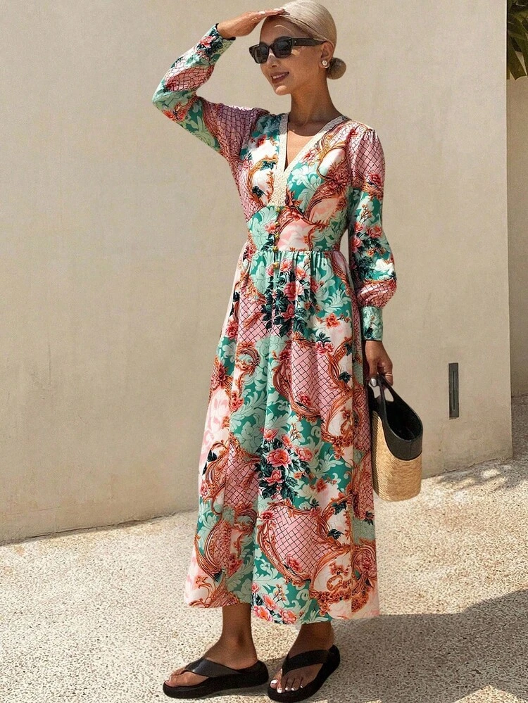 Women's Floral Bohemian Vacation Style Waist Cinched V-Neck Dress With Puff Sleeves, Spring/Summer Maxi Dress Boho