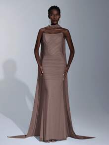 Elitara Elegant Luxurious Light Blue Elastic Mesh Boat Neck Full Ruffle Sequin Bridesmaid Dress