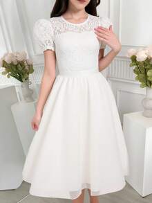 Vestido largo de encaje con tul para boda de chica adolescente - Blanco - Ver 7