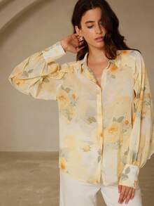 GENKIRA 复古奶油黄浪漫玫瑰花卉随机水彩印花荷叶边宽松蝙蝠袖衬衫 - 黃色 - 查看 5