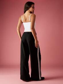 MISSGUIDED Pantalon large avec rayures latérales, taille plissée, tenue de bureau formelle, carrière élégante, porter pour l'hiver, le printemps et l'automne, pour occasions professionnelles - Noir et Blanc - Voir 2