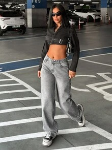 EURMUSE Damen Lässig Gewaschen Taillengerade Straight-Leg Jeans - Grau - Übersicht 4
