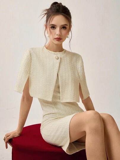 SHEIN LUNE 女士圆领开衩下摆水钻纽扣半襟提花面料 3/4 袖披肩 + 圆领无袖收腰 A 字短裙，提花面料，奶油色