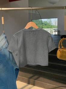 Women's Letter & Skull Graphic Round Neck Short Sleeve Casual Cropped T-Shirt - Dark Grey - View 2