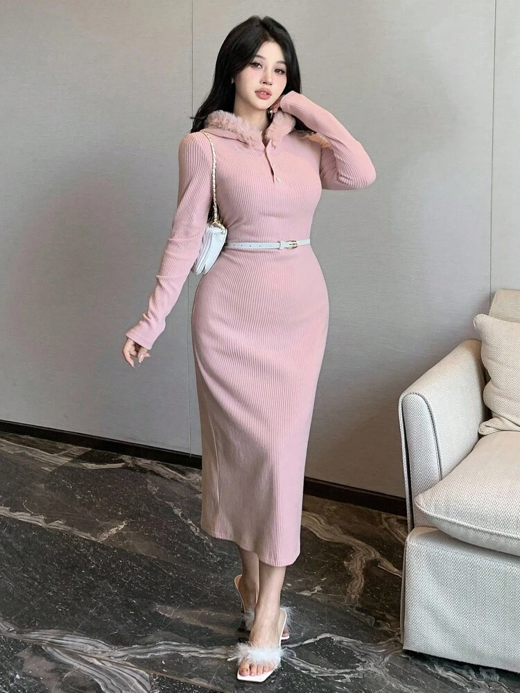 Autumn/Winter Textured Striped Fleece Fur Collar Patchwork Hooded Sweatshirt Dress, Sexy High Slit Fitted Midi Dress, Pink