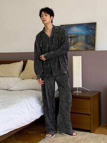 DAZY Men's Solid Color Corduroy Fabric Gray Shirt And Pants Loungewear Set, Autumn, Fall Clothes Pajama