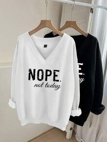 EMERY ROSE Bộ đồ họa tiết MOPE tối giản, thường ngày cỡ lớn, 2 món, áo nỉ rộng cổ chữ V, phù hợp cho mùa thu/đông - Nhiều màu - Xem 1