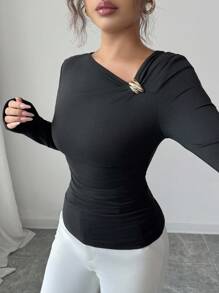 Elenzga Áo thun nữ cổ tròn trơn màu thời trang đi làm có họa tiết kim loại - màu đen - Xem 6