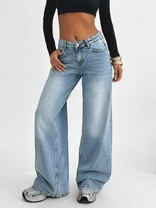 EURMUSE 女士阔腿牛仔裤，适合日常穿着 - 中等水洗藍 - 查看 3