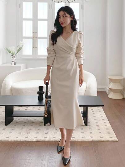 DAZY 女式V领长袖束腰中长款鱼尾连衣裙