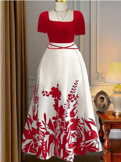 Rometta 拼色优雅印花系带连衣裙